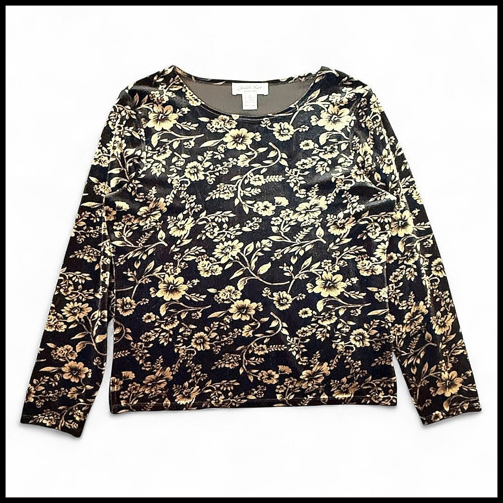 Judith Hart Vintage Black Gold Stretch Floral Velvet Top Whimsigoth Womens M USA